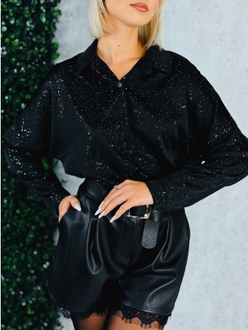 Dámska trblietavá saténová blúzka - čierna