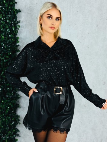 Dámska trblietavá saténová blúzka - čierna