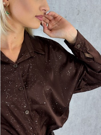 Dámska trblietavá saténová blúzka - hnedá
