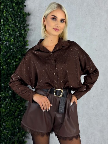 Dámska trblietavá saténová blúzka - hnedá
