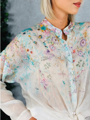Dámska tyrkysová kvetovaná blúzka s gombíkmi
