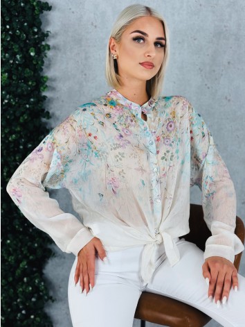 Dámska tyrkysová kvetovaná blúzka s gombíkmi