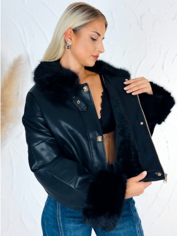 Dámska zateplená kožnka - bomber bunda s kožušinou v čiernej farbe