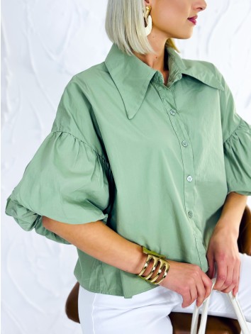 Dámska zelená krátka košeľa s balónovými rukávmi