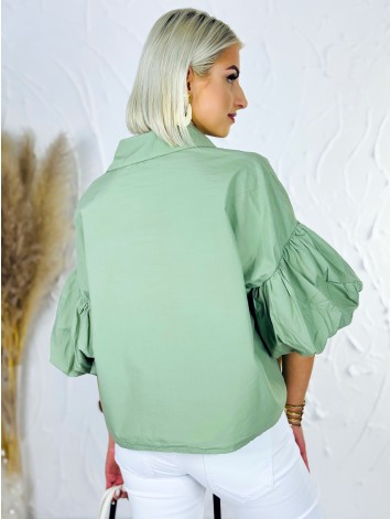 Dámska zelená krátka košeľa s balónovými rukávmi