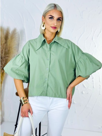 Dámska zelená krátka košeľa s balónovými rukávmi