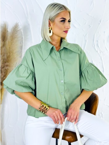 Dámska zelená krátka košeľa s balónovými rukávmi