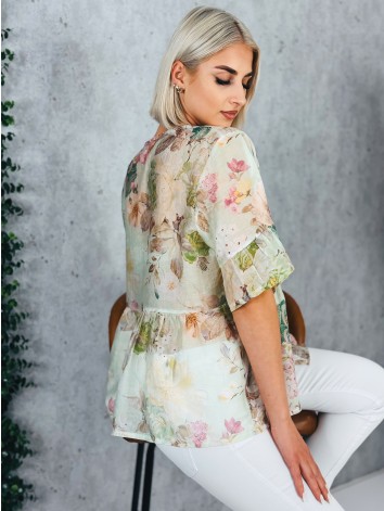 Dámska zelená kvetovaná blúzka s gombíkmi a krátkym rukávom