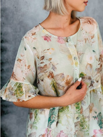 Dámska zelená kvetovaná blúzka s gombíkmi a krátkym rukávom