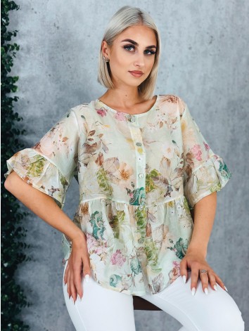 Dámska zelená kvetovaná blúzka s gombíkmi a krátkym rukávom