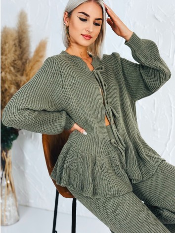 Dámska zelená pletená súprava nohavice + svetrík s viazaním