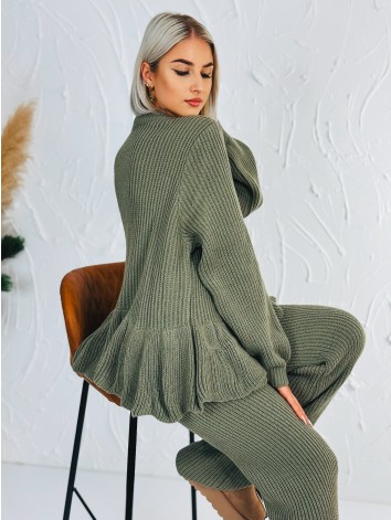 Dámska zelená pletená súprava nohavice + svetrík s viazaním