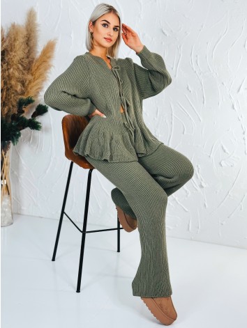 Dámska zelená pletená súprava nohavice + svetrík s viazaním