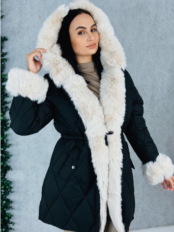 Dámska zimná prešívaná bunda s ozdobnou kožušinou - čierna