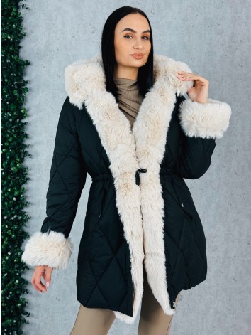 Dámska zimná prešívaná bunda s ozdobnou kožušinou - čierna