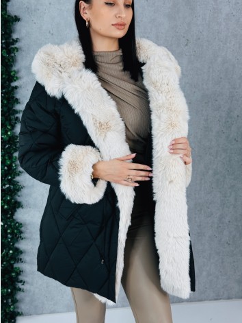 Dámska zimná prešívaná bunda s ozdobnou kožušinou - čierna
