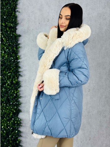 Dámska zimná prešívaná bunda s ozdobnou kožušinou - modrá