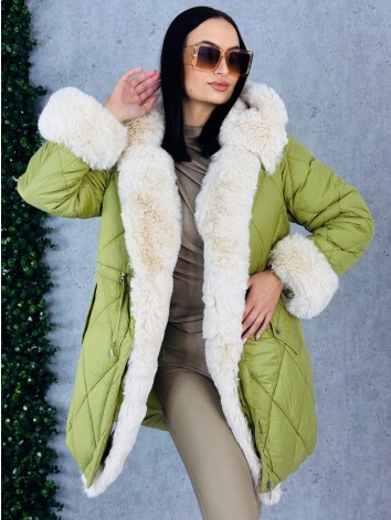 Dámska zimná prešívaná bunda s ozdobnou kožušinou - zelená