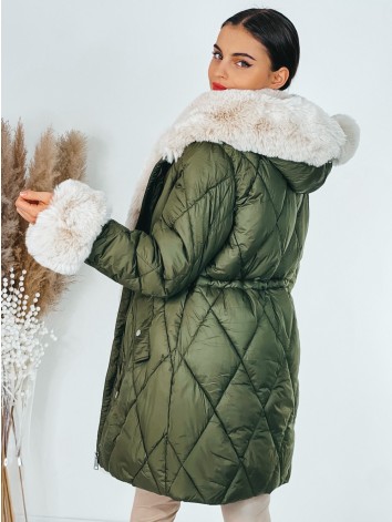 Dámska zimná prešívaná bunda s ozdobnou kožušinou - khaki