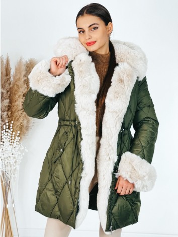 Dámska zimná prešívaná bunda s ozdobnou kožušinou - khaki