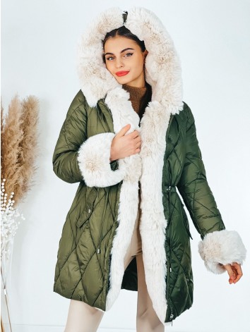 Dámska zimná prešívaná bunda s ozdobnou kožušinou - khaki