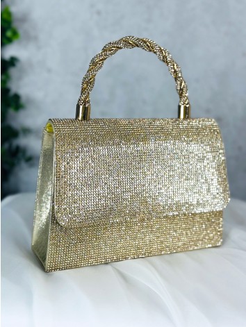 Dámska zlatá luxusná spoločenská kabelka s kamienkami