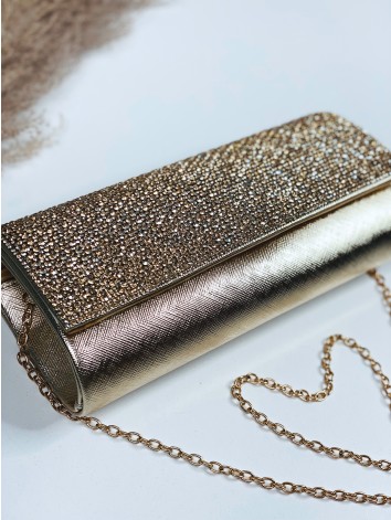 Dámska zlatá spoločenská kabelka s kamienkami a remienkom