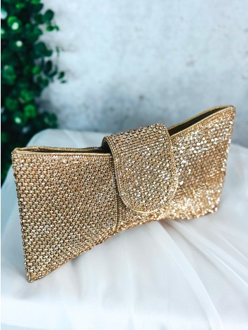 Dámska zlatá spoločenská kabelka v tvare mašle