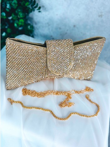 Dámska zlatá spoločenská kabelka v tvare mašle