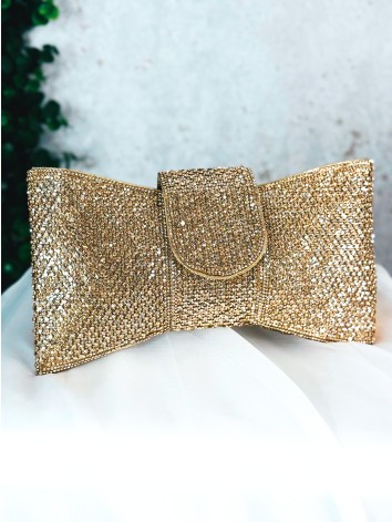 Dámska zlatá spoločenská kabelka v tvare mašle