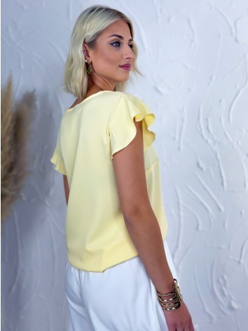 Dámska žltá elegantná blúzka s V-výstrihom aj pre moletky Vera