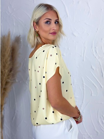 Dámska žltá elegantná bodkovaná blúzka aj pre moletky Vera