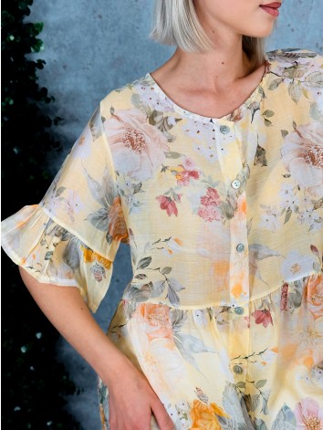 Dámska žltá kvetovaná blúzka s gombíkmi a krátkym rukávom