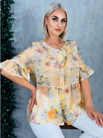 Dámska žltá kvetovaná blúzka s gombíkmi a krátkym rukávom