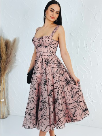 Dámske áčkové midi spoločenské šaty so zamatovou potlačou - staroružové