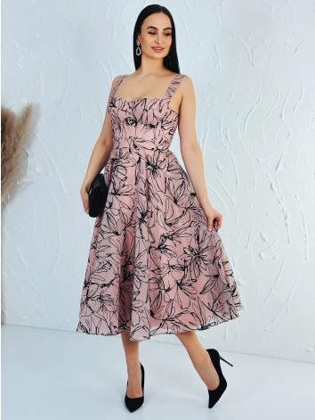 Dámske áčkové midi spoločenské šaty so zamatovou potlačou - staroružové