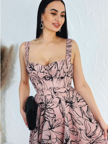 Dámske áčkové midi spoločenské šaty so zamatovou potlačou - staroružové