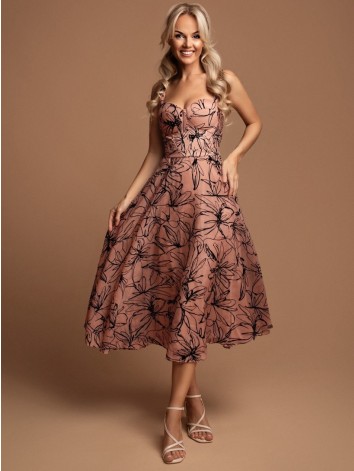 Dámske áčkové vzorované midi spoločenské šaty - staroružové