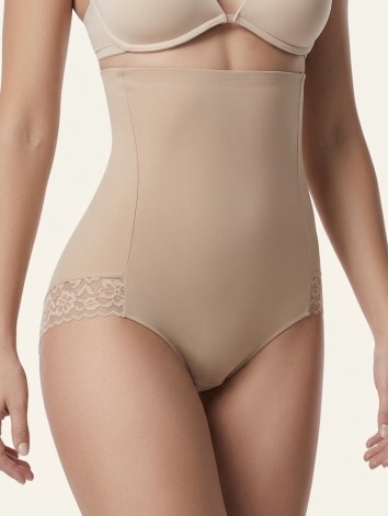 Dámske béžové elastické sťahovacie prádlo s vysokým pásom a čipkou