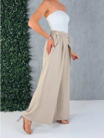 Dámske béžové elegantné široké nohavice so sťahovaním Santorini