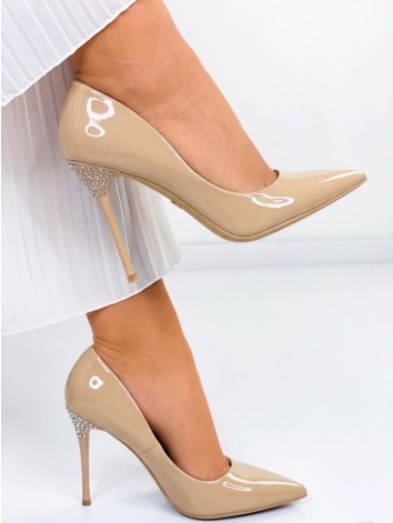 Dámske béžové lesklé lodičky s kamienkami