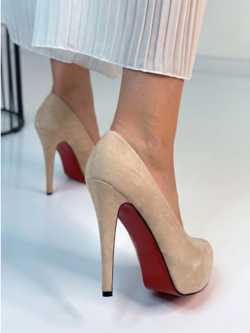 Dámske béžové semišové lodičky na vysokom opätku a platforme