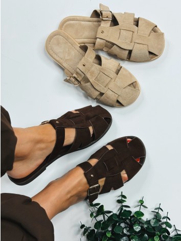 Dámske béžové semišové šľapky s prepletaním