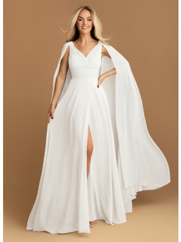 Dámske biele dlhé spoločenské šaty s rázporkom a dlhou vlečkou