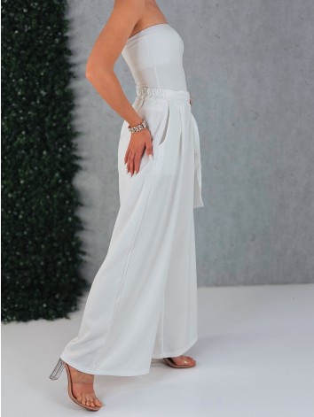 Dámske biele elegantné široké nohavice so sťahovaním Santorini