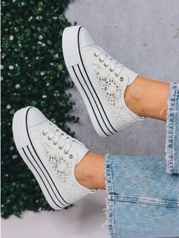 Dámske biele háčkované plátené tenisky na vysokej platforme