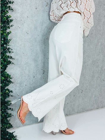 Dámske biele madeira široké rifle s výšivkou