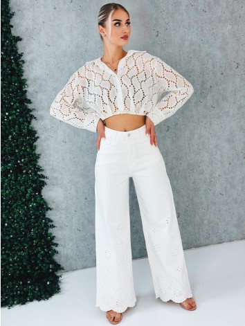 Dámske biele madeira široké rifle s výšivkou