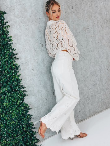 Dámske biele madeira široké rifle s výšivkou