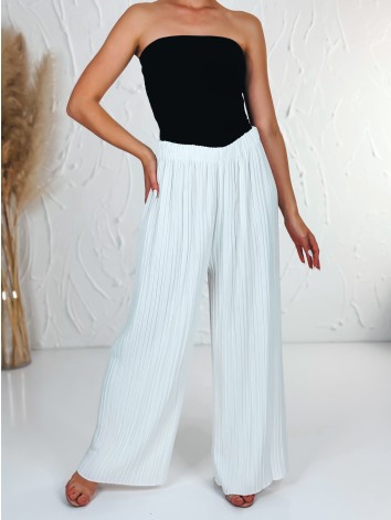 Dámske biele plisované nohavice s vysokým pásom Korfu